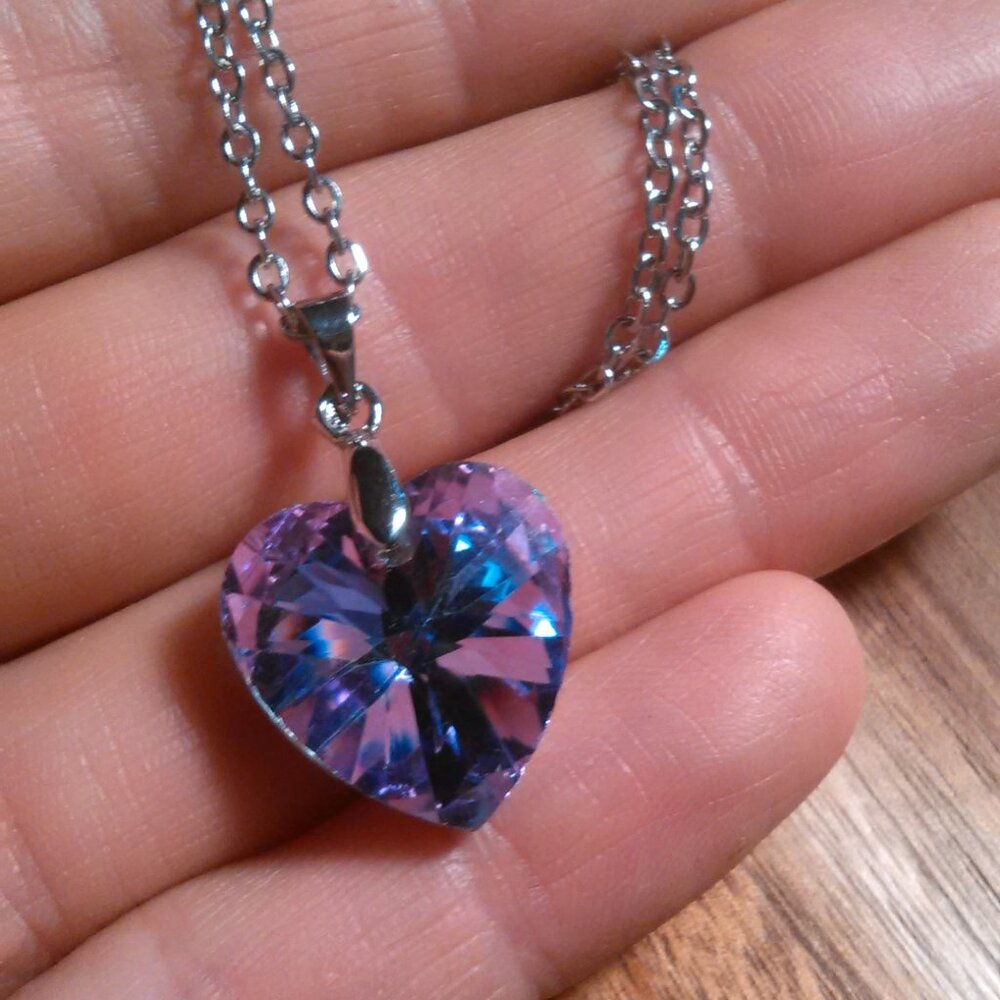 Mystic Color Crystal Heart Brass Pendant Stainless Steel Necklace
